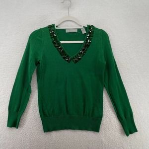 Liz Claiborne Womens Sweater size Petite Green Jeweled career stretch comfort